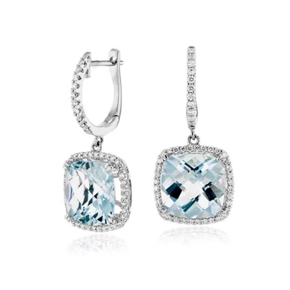 Drop earrings aquamarine diamonds 14K white gold
